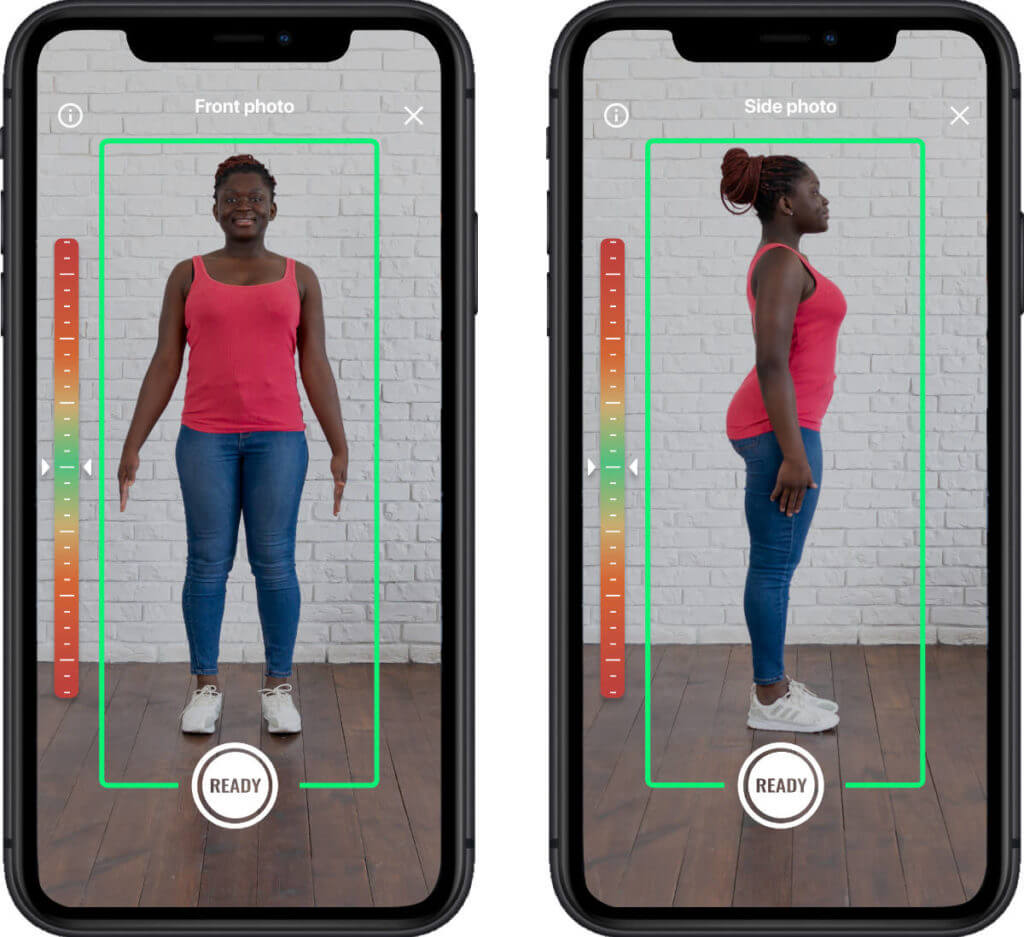الشخص الذي يستخدم تطبيق الهاتف الذكي لمسح أجسامه لقياسات الملابس الثانوية المثالية.