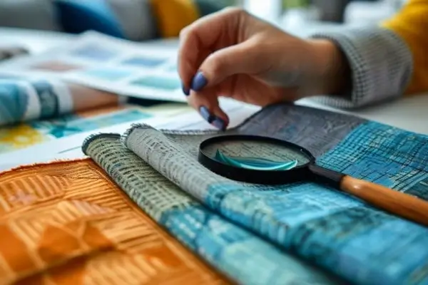 A close-up shot of an inspector examining the seam of a lace bra with a magnifying glass.