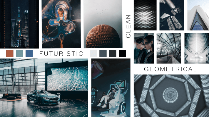 لوحة مزاجية مستقبلية تظهر حوامل النسيج المتوهجة ، وبيانات فحص الجسم ، ورموز المواد المستدامة.