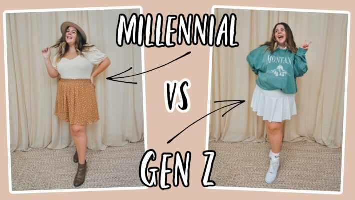 Une image à écran partagé montrant une personne Gen Z en lingerie colorée et à la mode et une millénaire en lingerie chic, confortable et neutre.