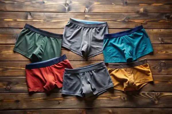 Un plat plat de sous-vêtements masculins élégants et modernes dans des tissus de haute technologie et différentes coupes (mémoires, troncs, boxeurs).