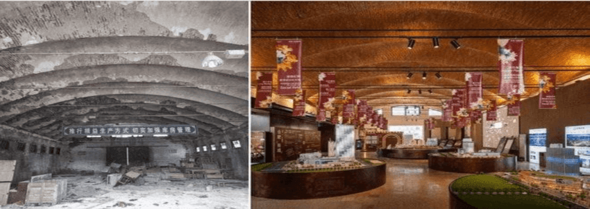 صورة منقسمة تظهر ورشة عمل قديمة مزدحمة على جانب واحد ومصنع حديث ونظيف وعالي التقنية من ناحية أخرى.