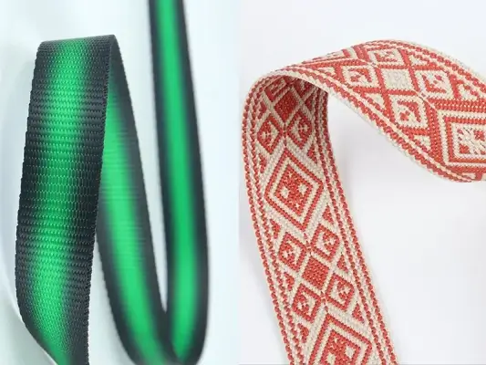 A detailed macro shot comparing a woven jacquard logo to a screen-printed logo on a waistband.