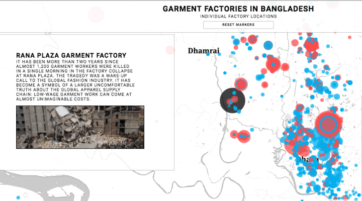 Um mapa de Bangladesh com alfinetes nos principais centros de fabricação de roupas como Dhaka e Chittagong.