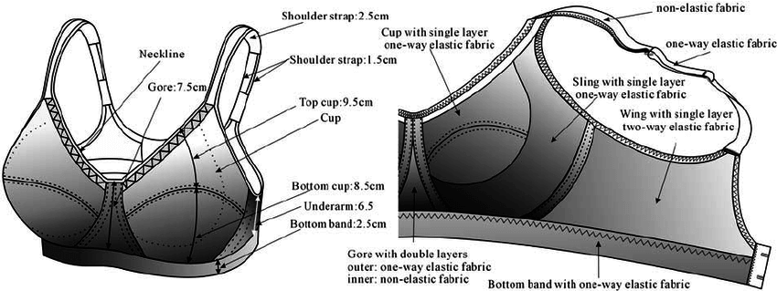 A technical, exploded-view illustration of a high-impact sports bra, showing its different layers and components.