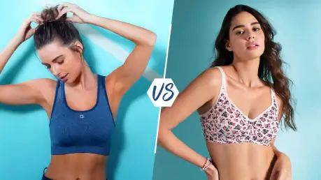 An image of a new, high-performance sports bra next to an old, stretched-out, and faded one.