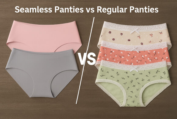 A side-by-side comparison of a traditional panty with a thick seam and a laser-cut seamless panty with a raw edge.